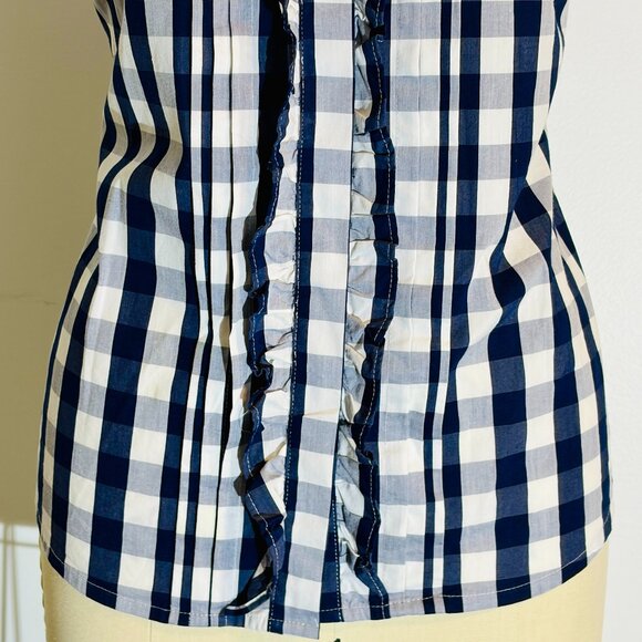 Tommy Hilfiger Navy/White Gingham Sleeveless Ruffle Button-up Size S- Like New! - Picture 2 of 10